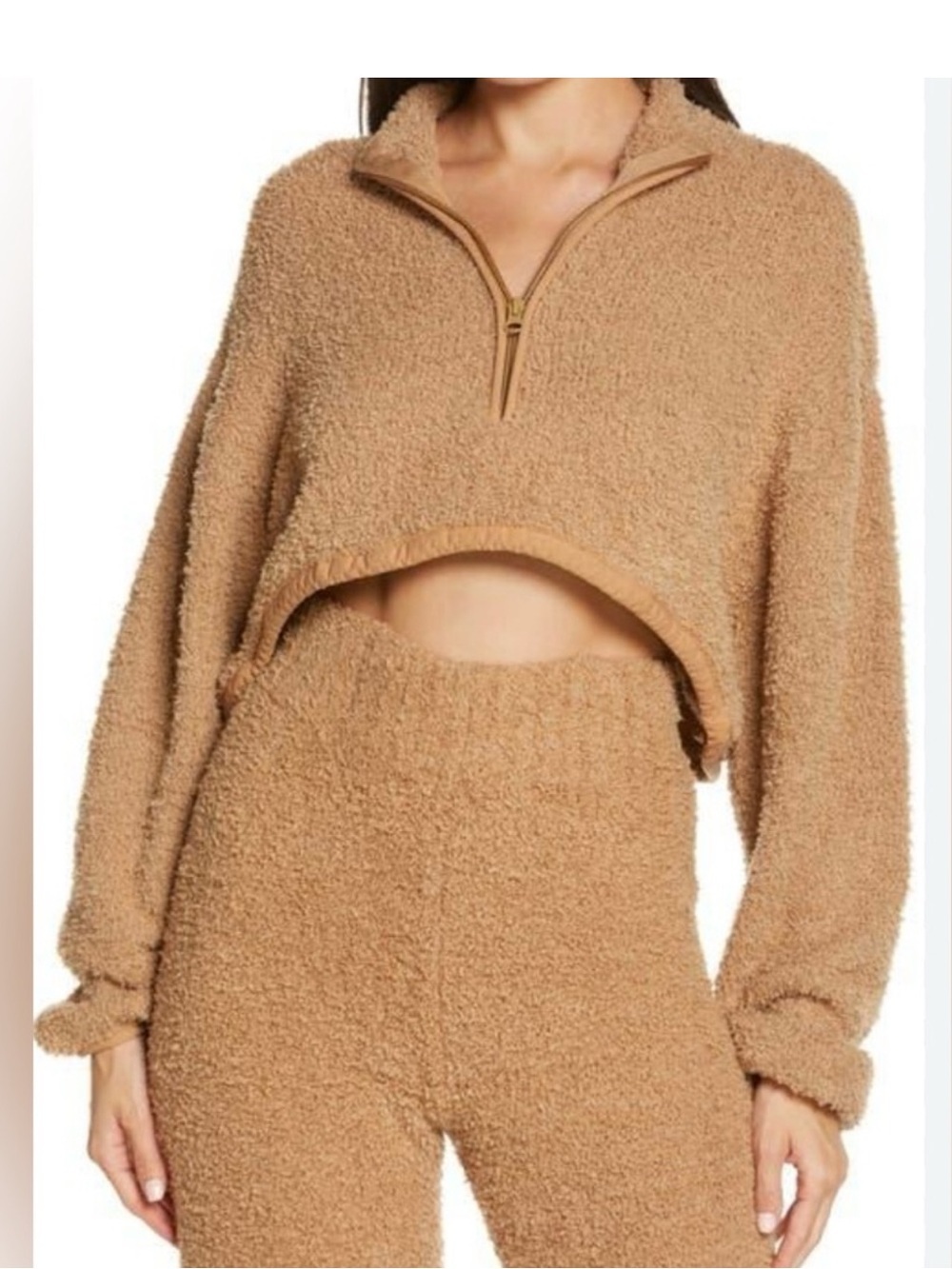 SKIMS Teddy Fleece Quarter Zip Cropped Pullover Beige Cozy Lounge Top L XL